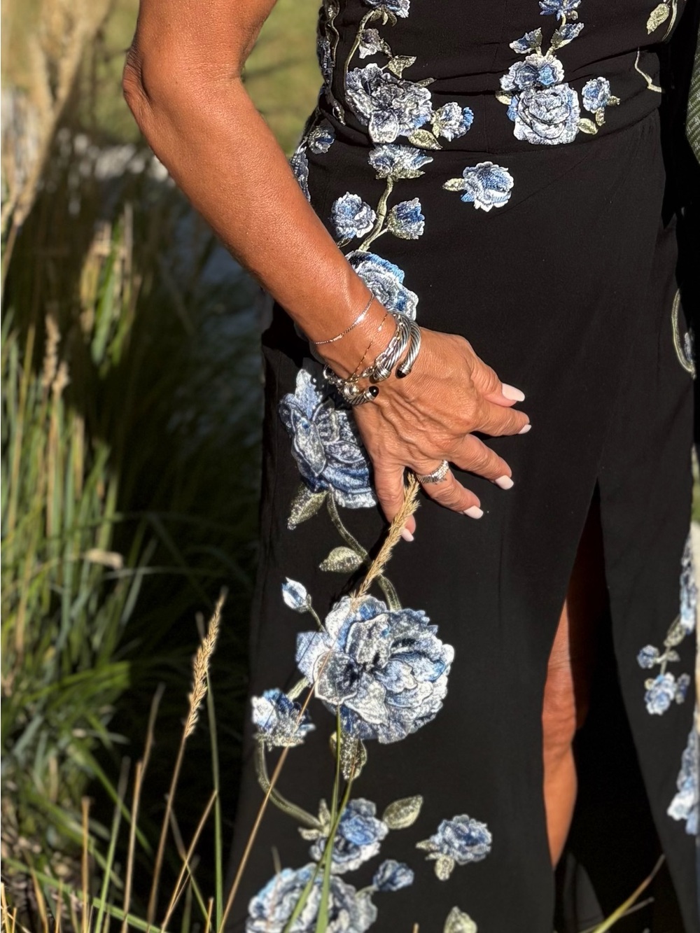Alice + Olivia Black Strapless Embellished Romper with Blue Floral Overskirt - Picture 4 of 4